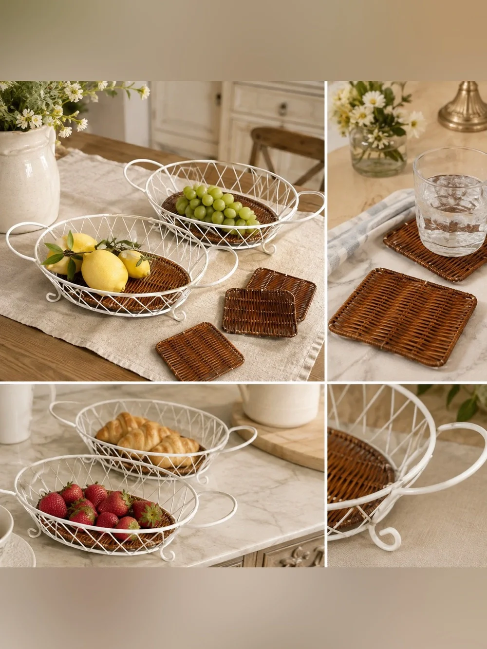White Wire Wicker Serving Basket Set French Country Cottagecore Kitchen Decor